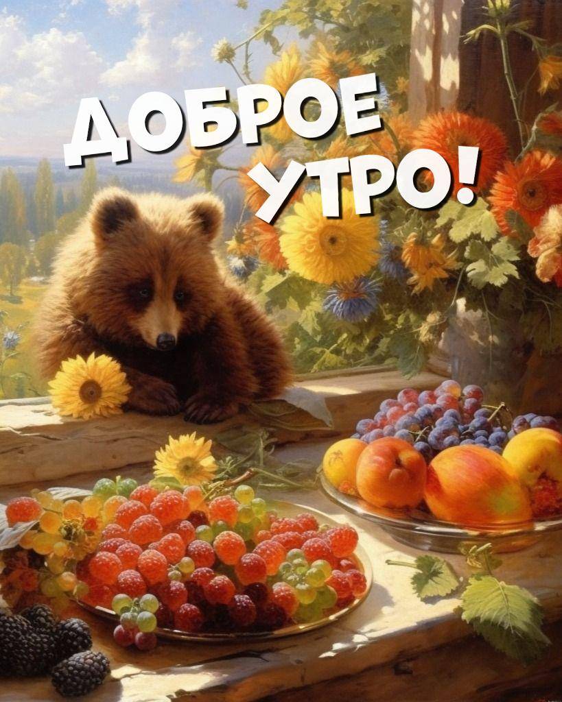 Медвежонок с цветами и фруктами на подоконнике