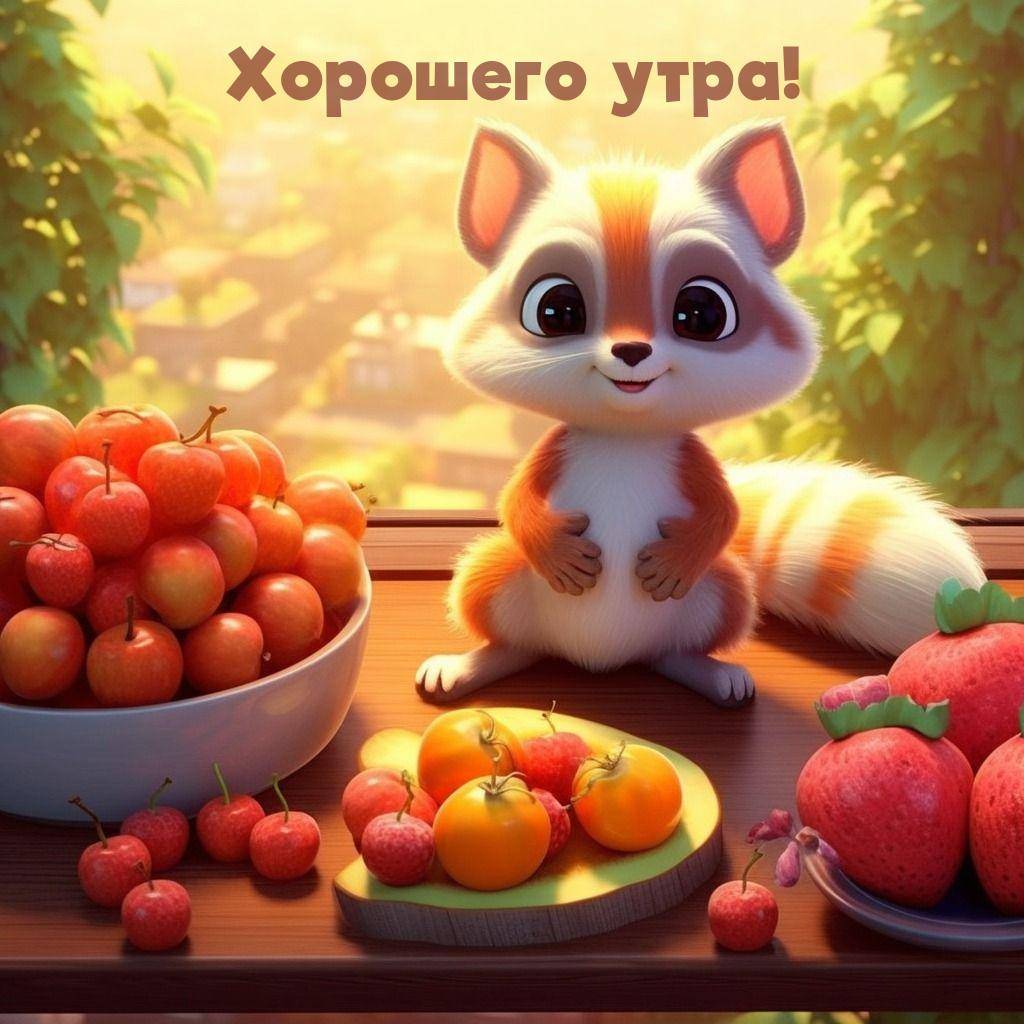 Милый белка с фруктами на столе