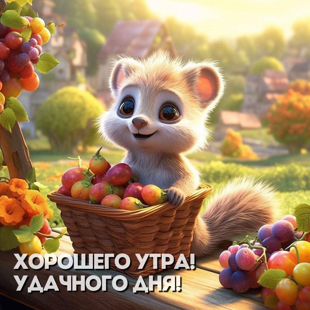 Милый енот с корзиной фруктов на свежем воздухе