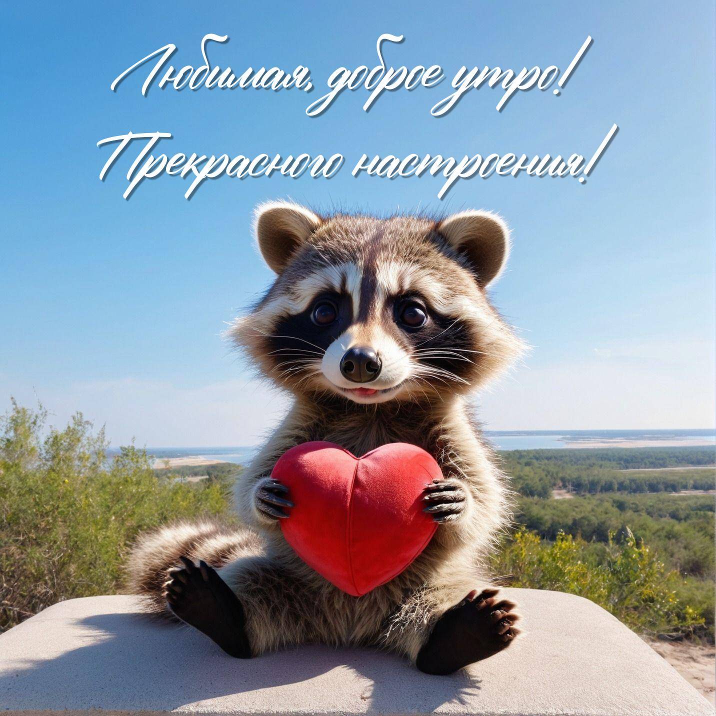 Милый енот с красным сердцем на фоне голубого неба
