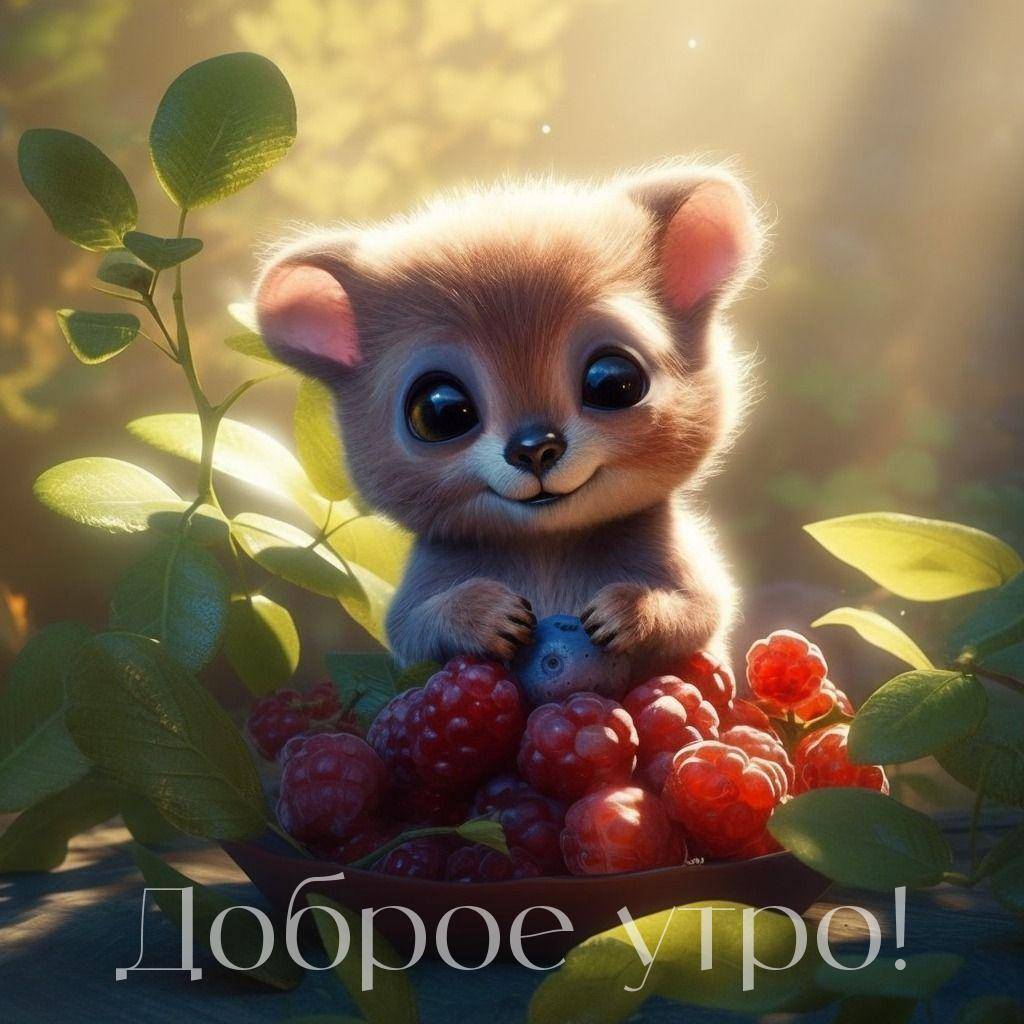 Милый енот с ягодами в лесу