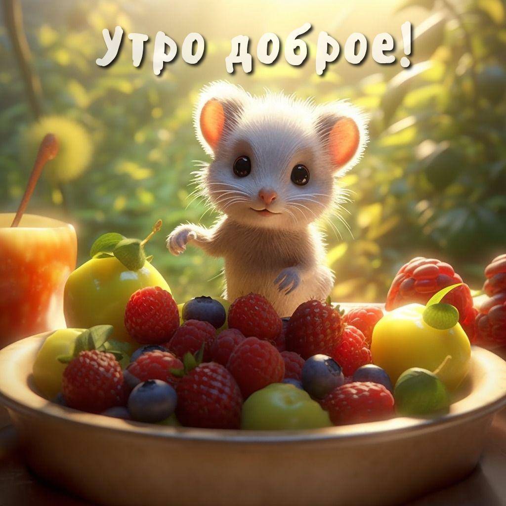Милый ежик среди свежих фруктов и ягод