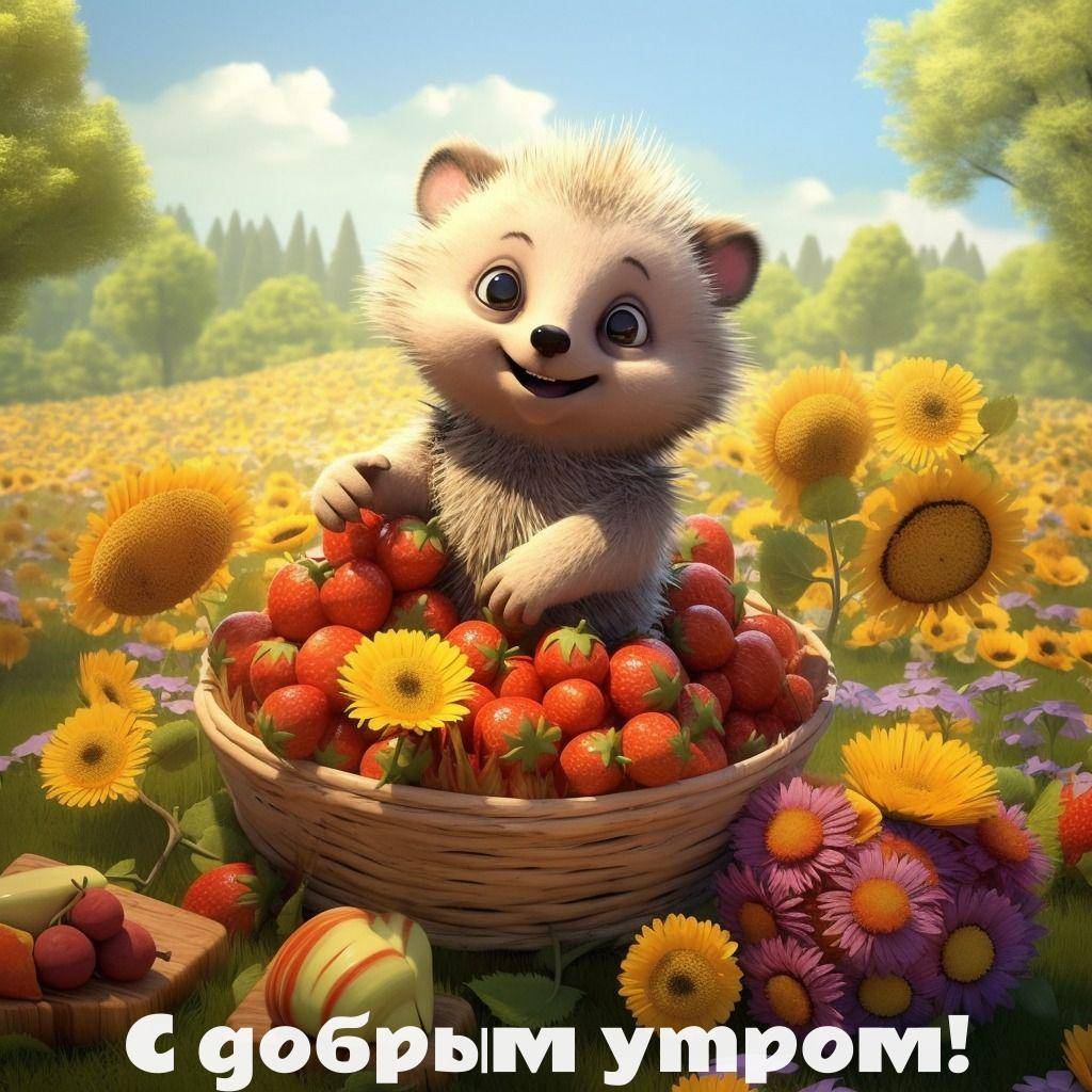 Милый ежик в корзине с ягодами