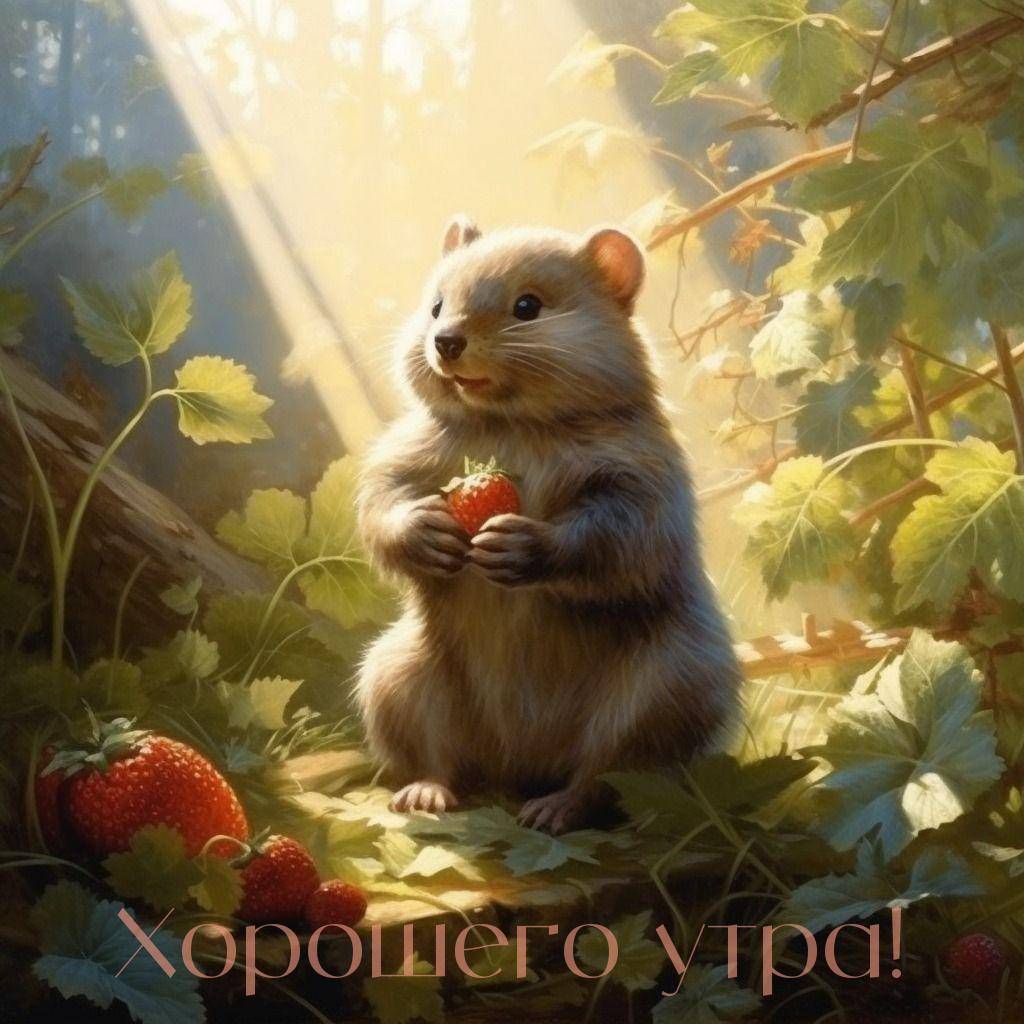 Милый хомяк держит землянику в лесу