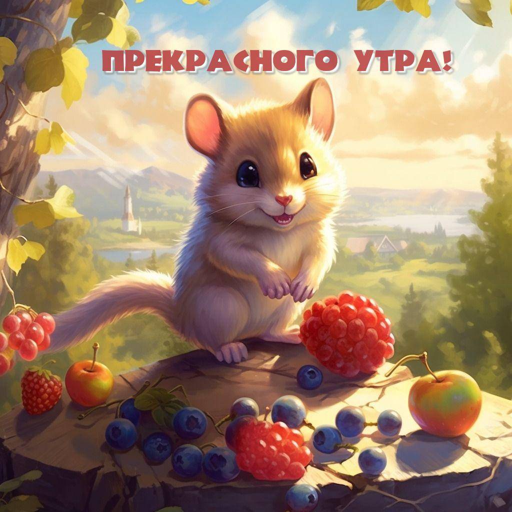 Милый хомяк с фруктами на фоне пейзажа