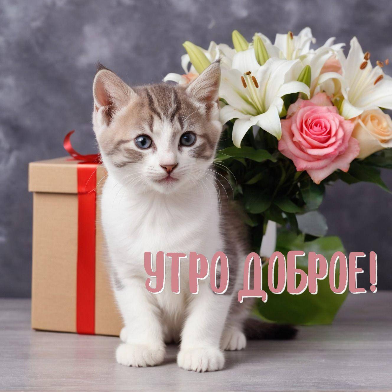 Милый котенок рядом с красной коробкой