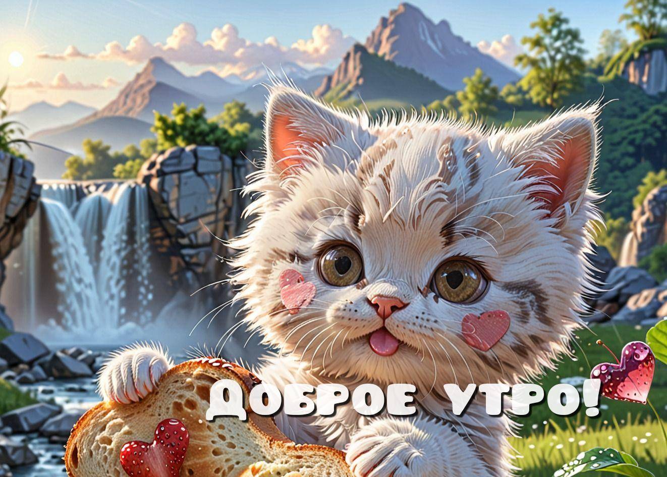 Милый котенок с булкой у водопада