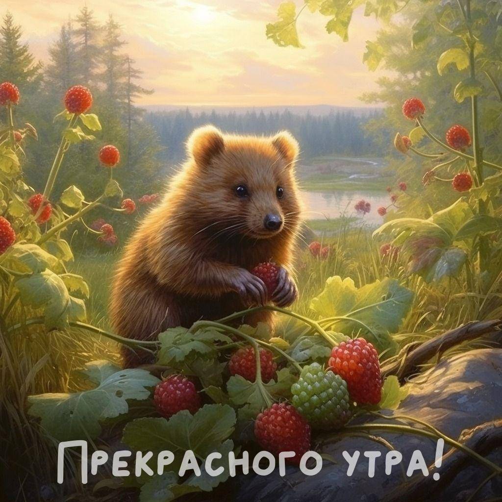 Милый медвежонок среди ягод в лесу