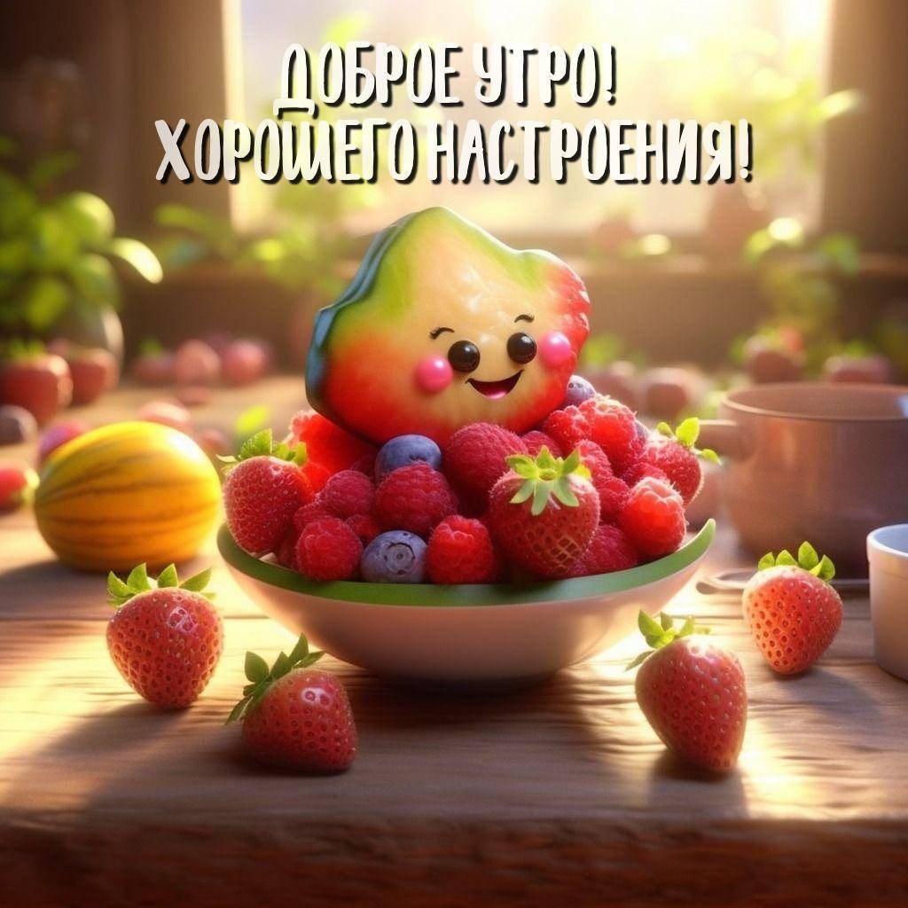 Милый персонаж арбуза с ягодами в миске на деревянном столе