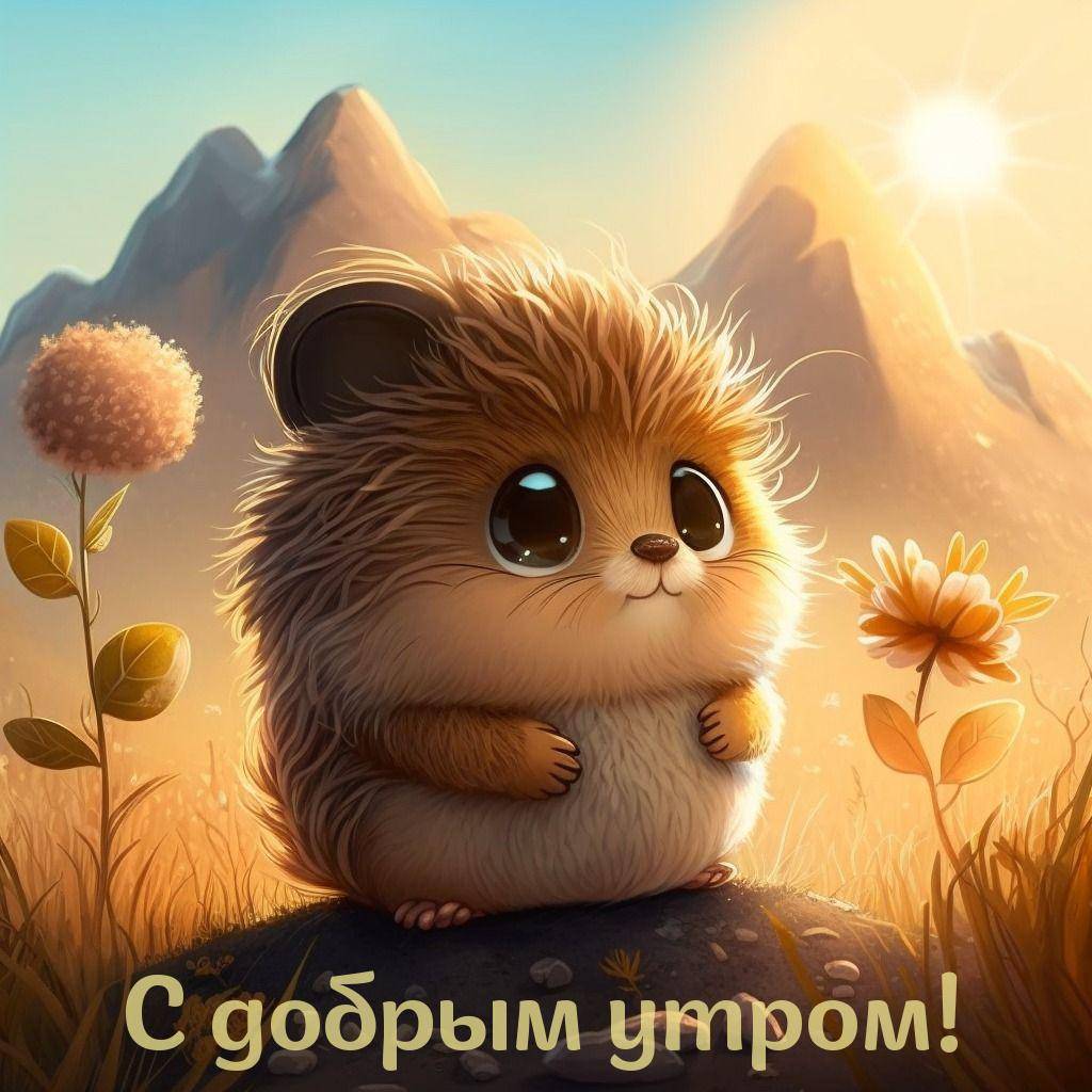 Милый пушистый ежик на фоне гор и растений
