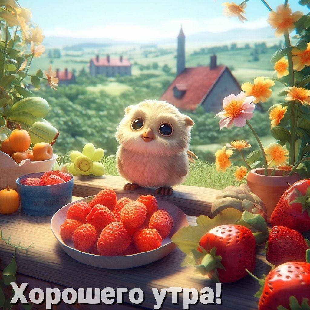 Милый пушистый совенок среди ягод и фруктов