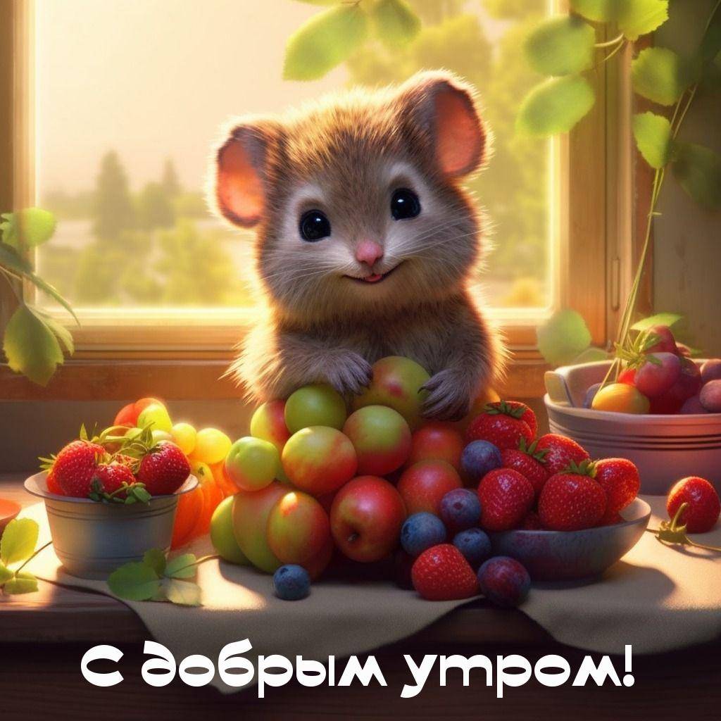Милый пушистый зверек с фруктами у окна