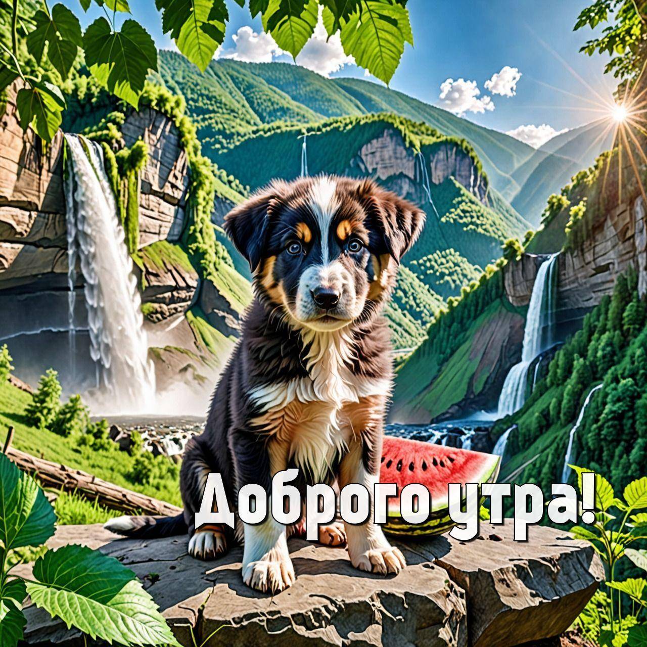 Милый щенок с арбузом на фоне водопада