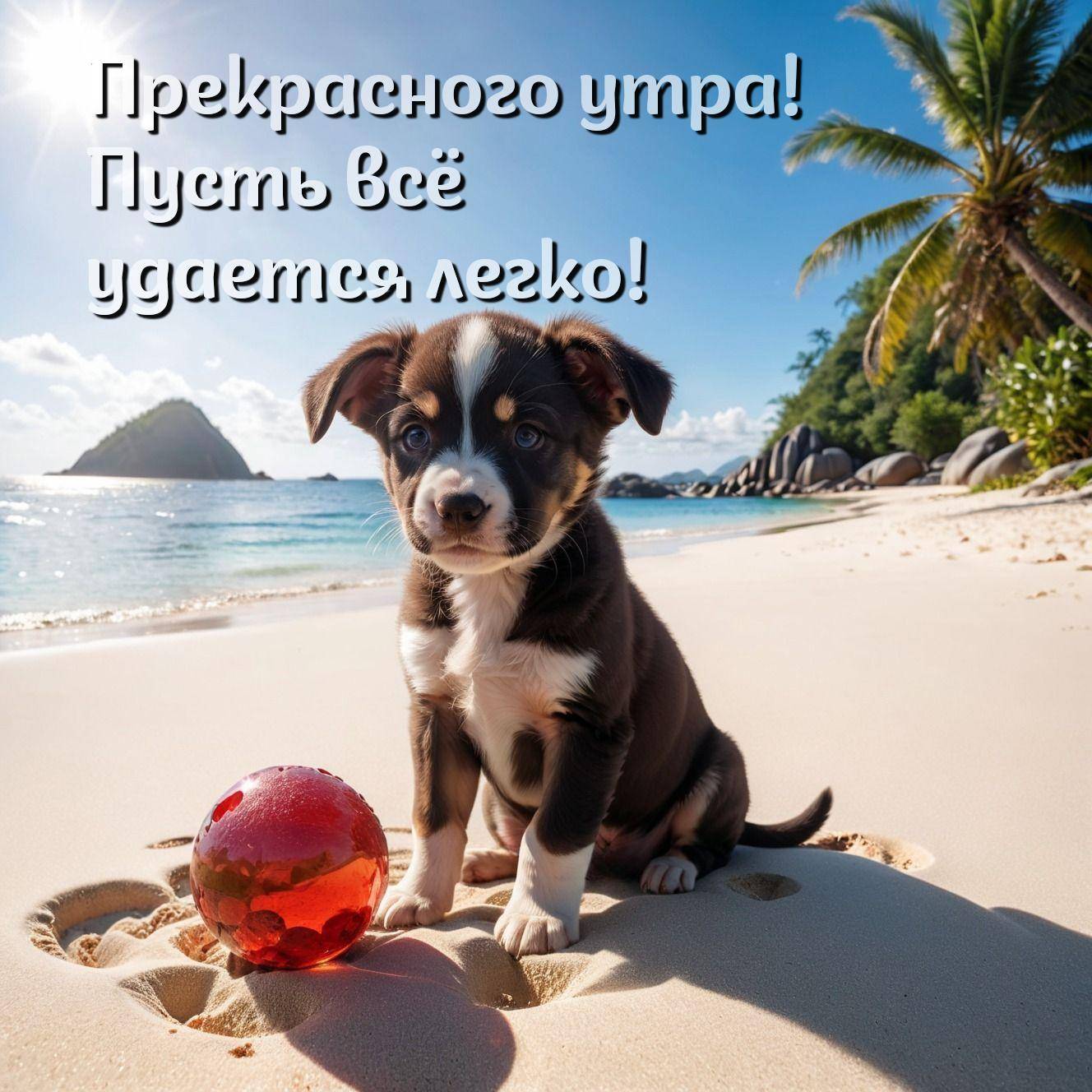Милый щенок с мячом на пляже