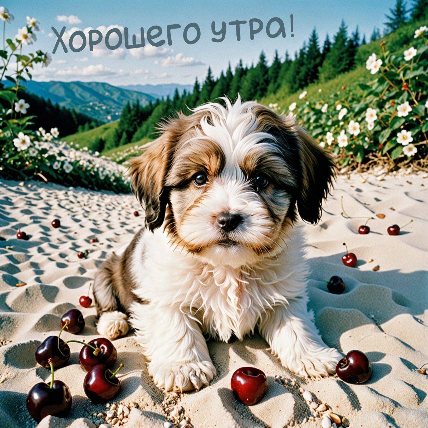 Милый щенок с вишнями на фоне гор
