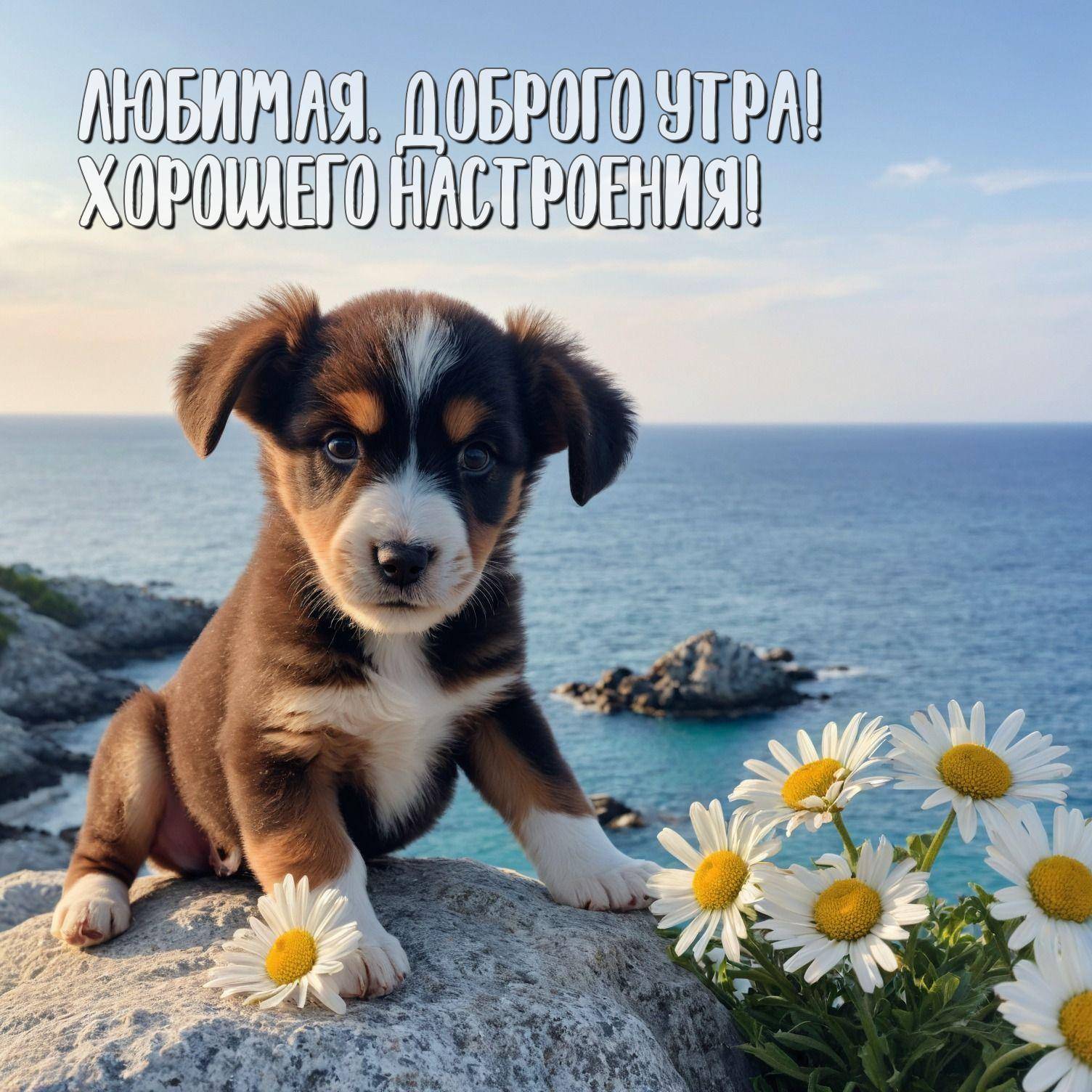 Милый щенок среди цветов на фоне моря