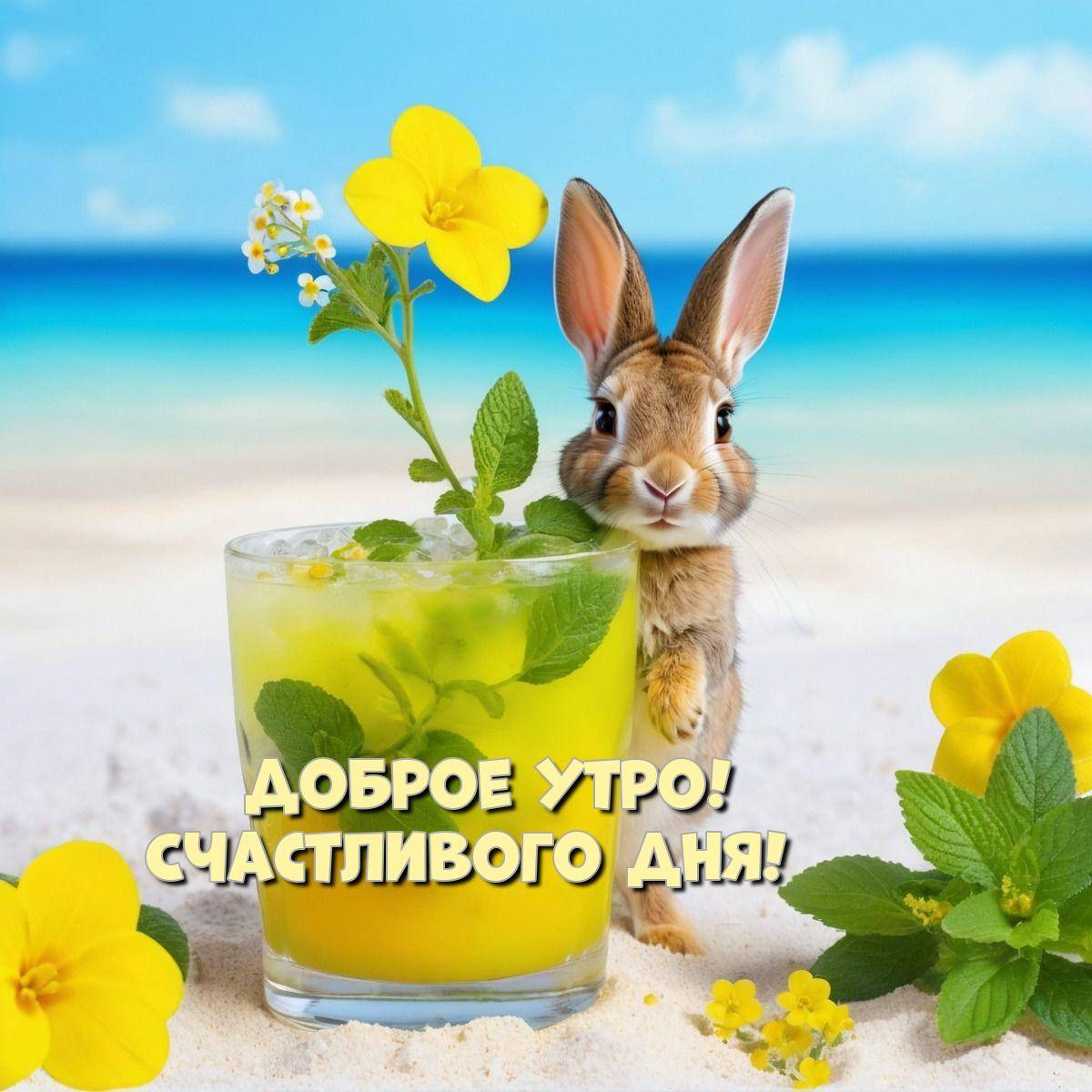 Милый зайчонок с чашей напитка и листьями мяты