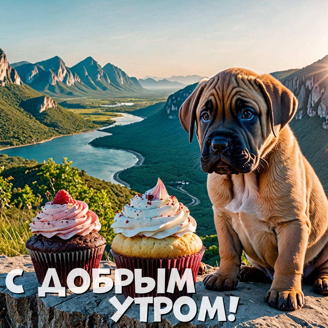 Молодой пес с капкейками на фоне реки и гор