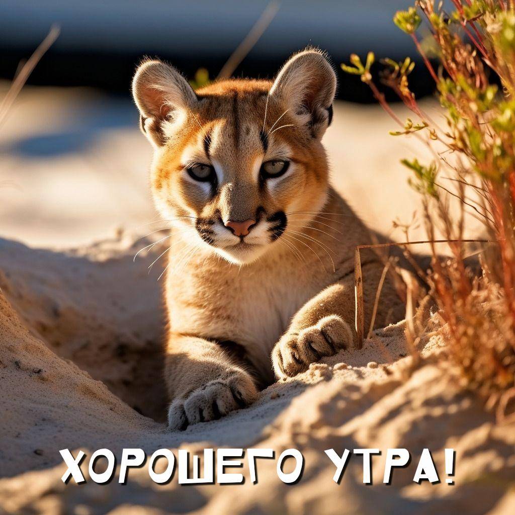 Молодой пума лежит в песке, растительность на заднем плане