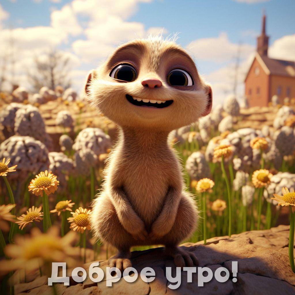 Мультяшная сурикат стоит на камнях среди цветов