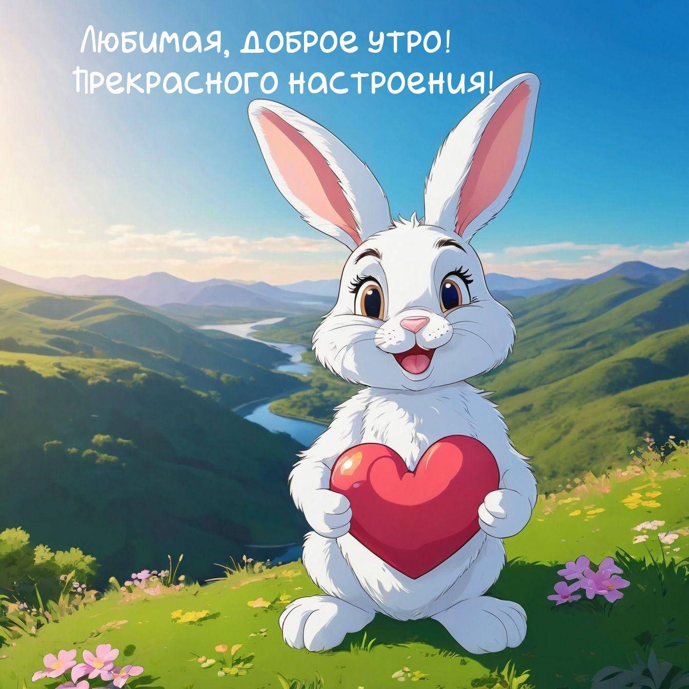 Мультяшный заяц держит сердце на фоне гор и реки