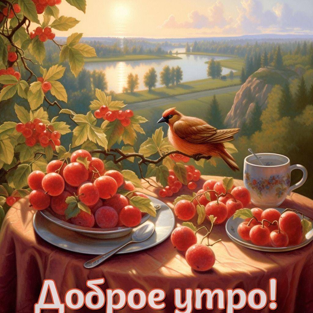 Натюрморт с фруктами и птицей у реки