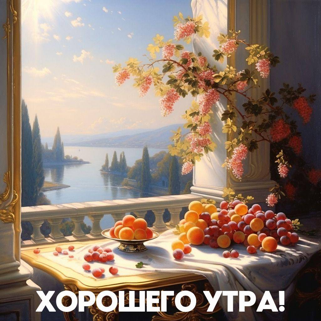 Натюрморт с фруктами на балконе с видом на озеро