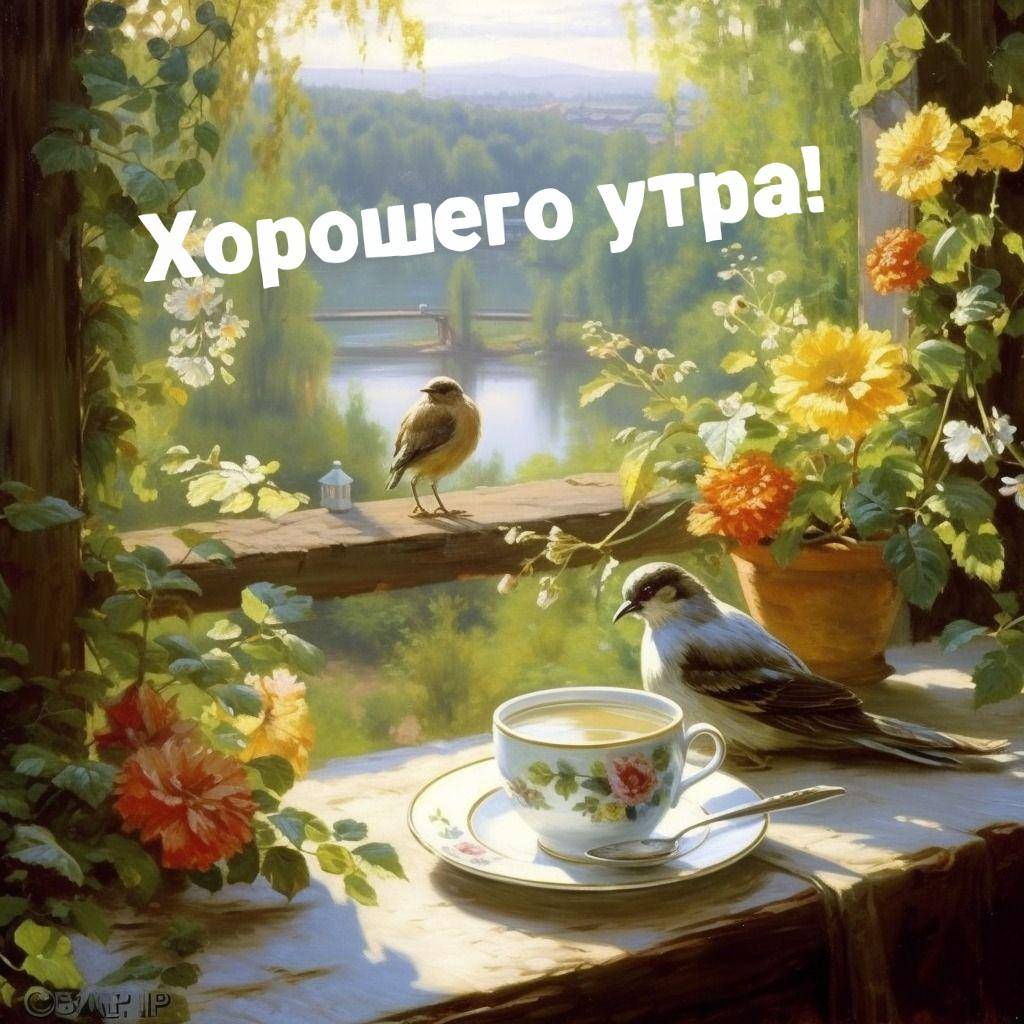 Окно с видом на реку, чашка чая, цветы и птицы