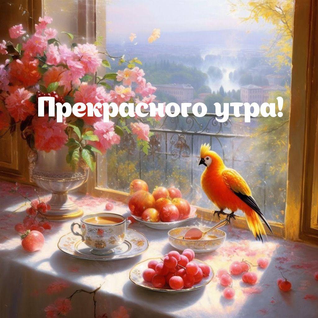 Оранжевая птица на столе с цветами и фруктами у окна