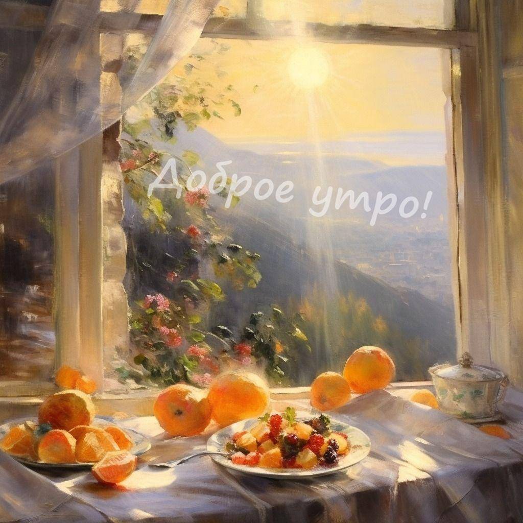 Открытое окно с видом на горы и фрукты на подоконнике