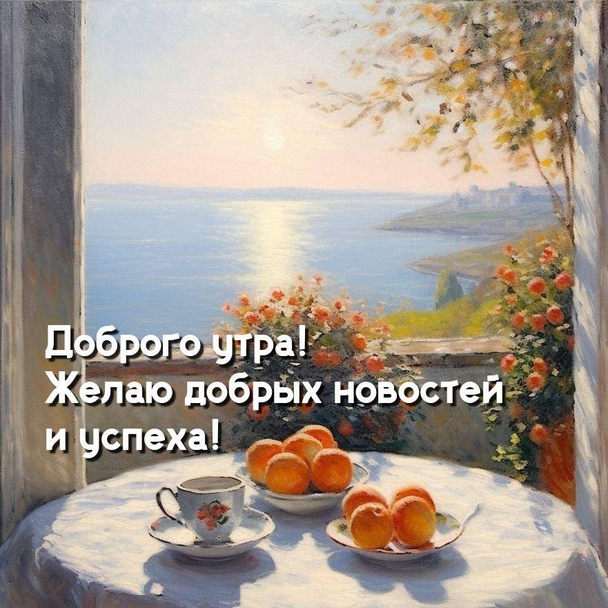 Открытое окно с видом на море, стол с чашкой и апельсинами