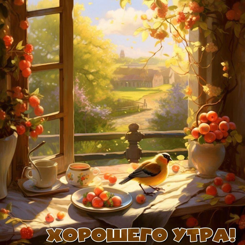 Открытое окно с видом на сад, птица на подоконнике, чашки с чаем