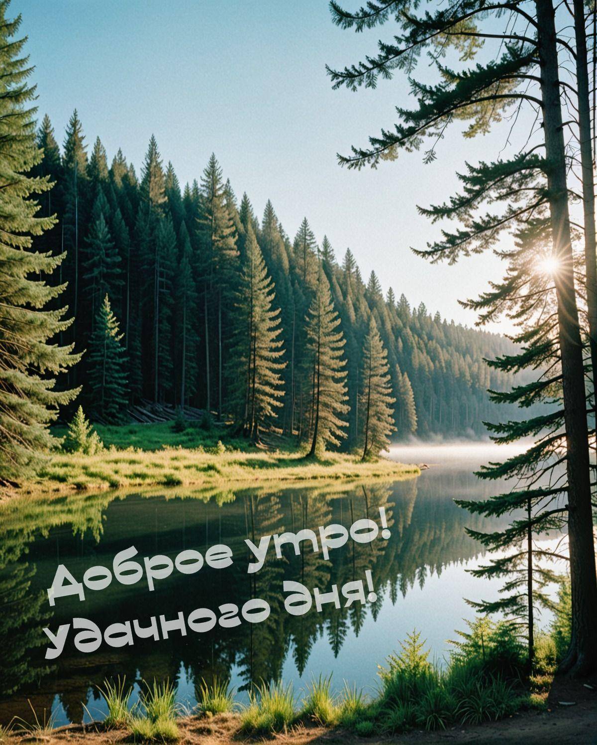 Отражение деревьев в тихой речке утром