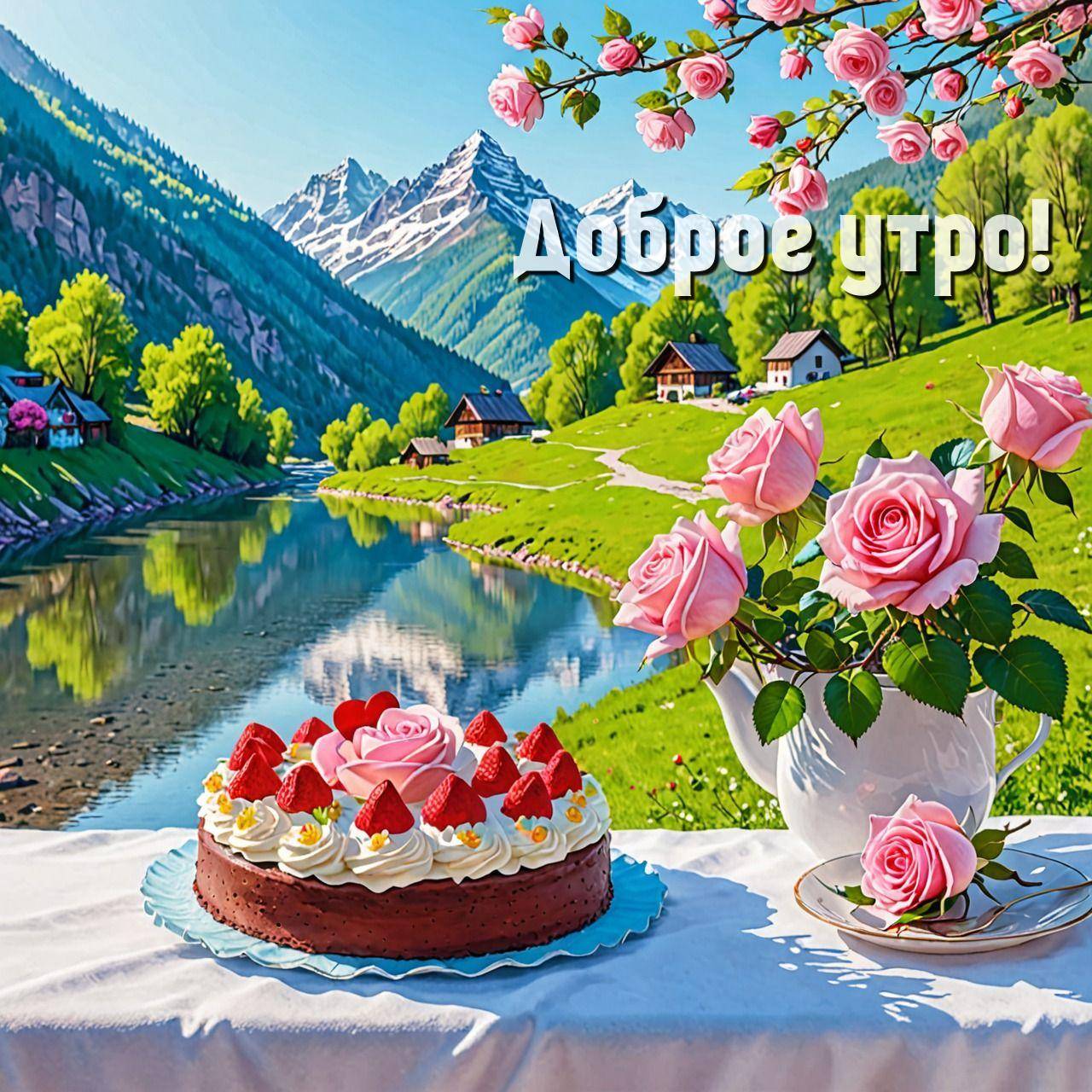 Отражение гор в озере, торт с клубникой на столе