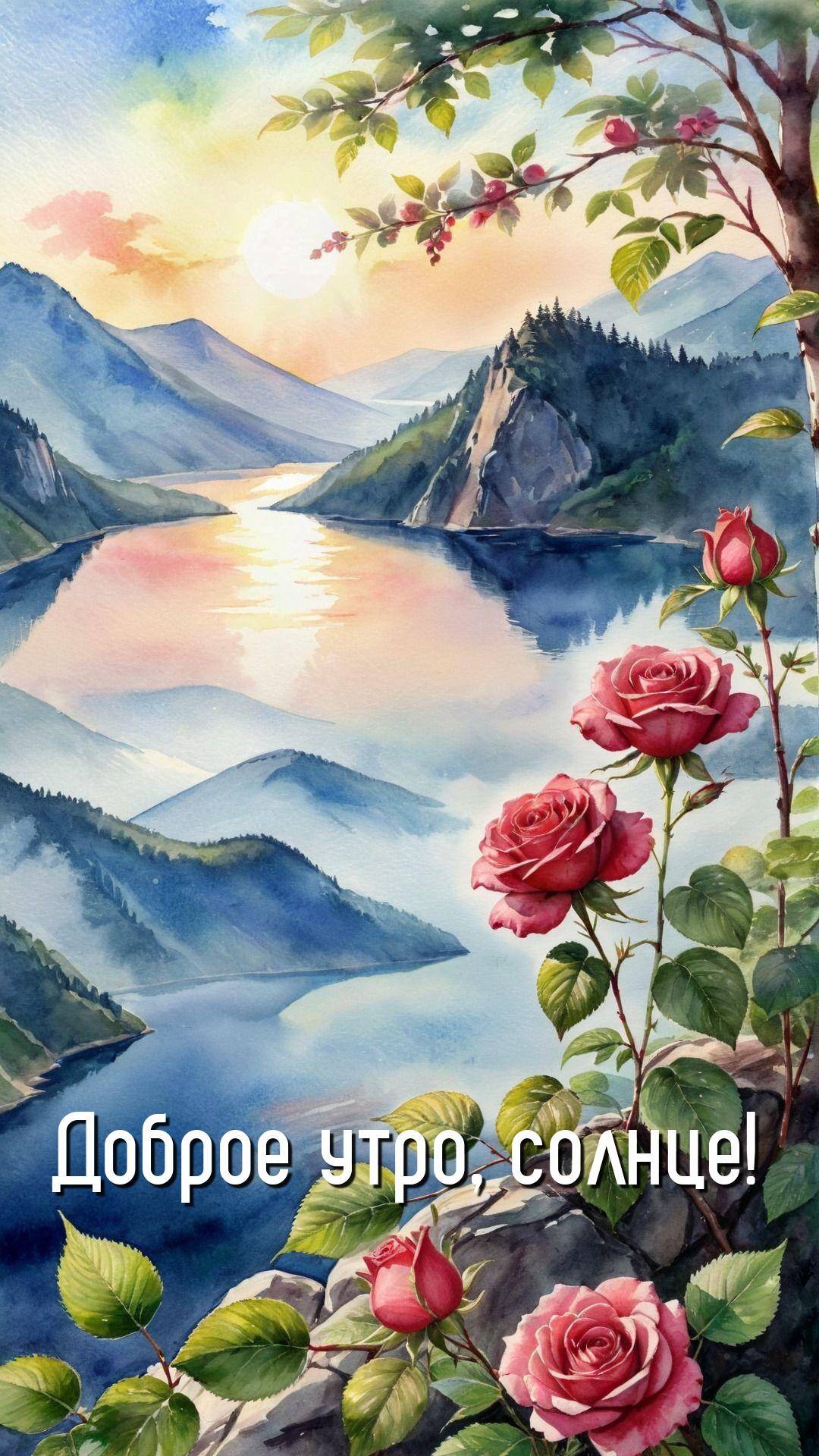 Отражение солнца на горном озере, розы на переднем плане