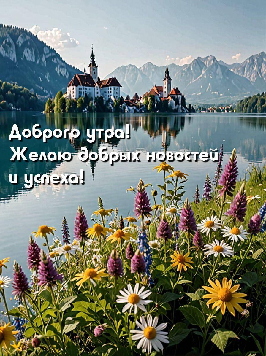 Отражение церкви в озере, горы, цветы на переднем плане
