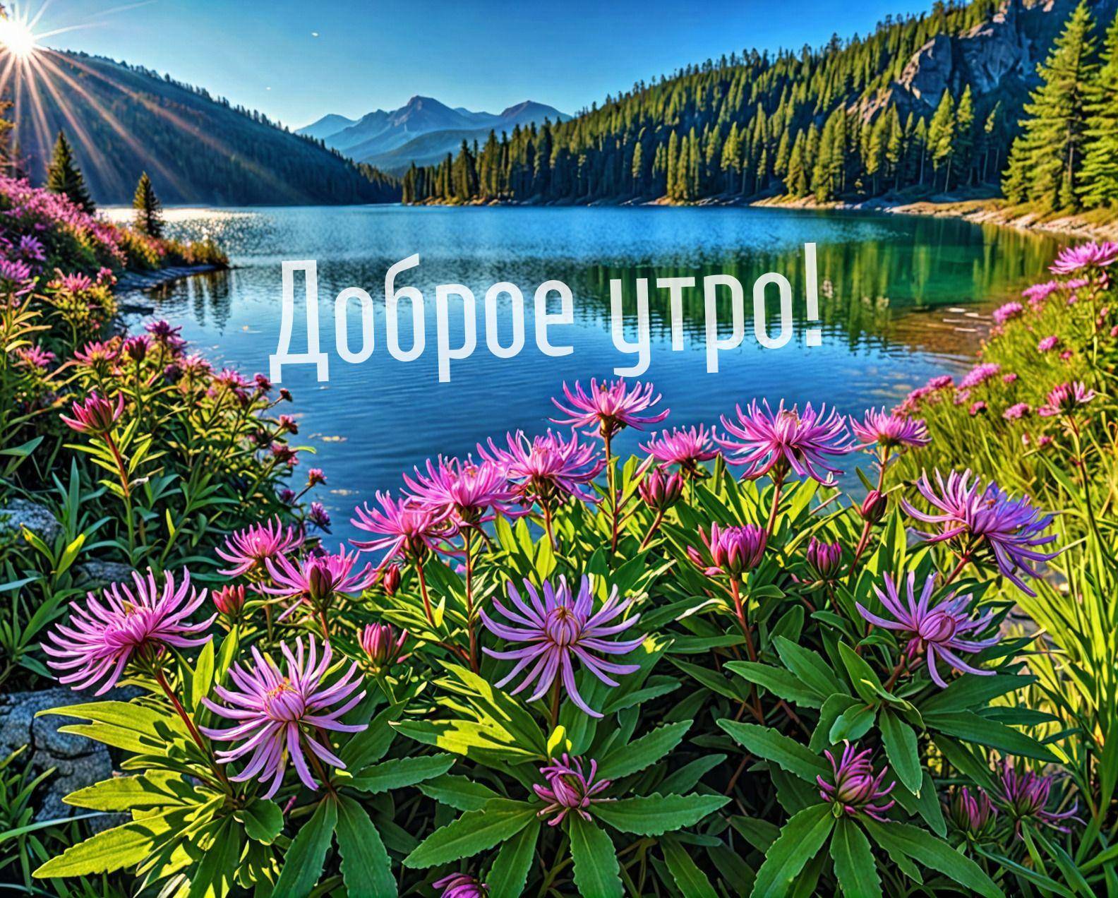 Озеро среди гор, цветы на переднем плане