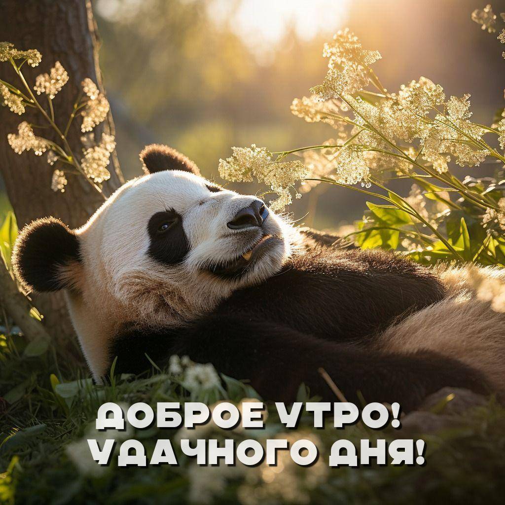 Панда отдыхает среди цветов у дерева