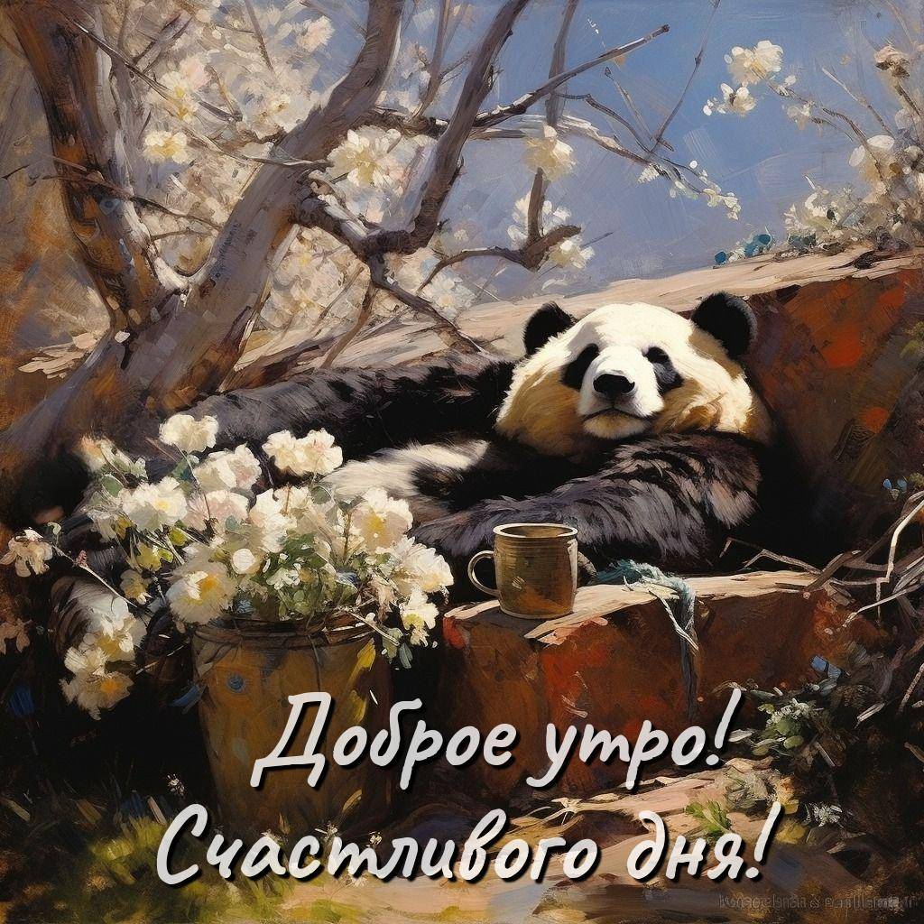 Панда отдыхает среди цветущих деревьев и камней