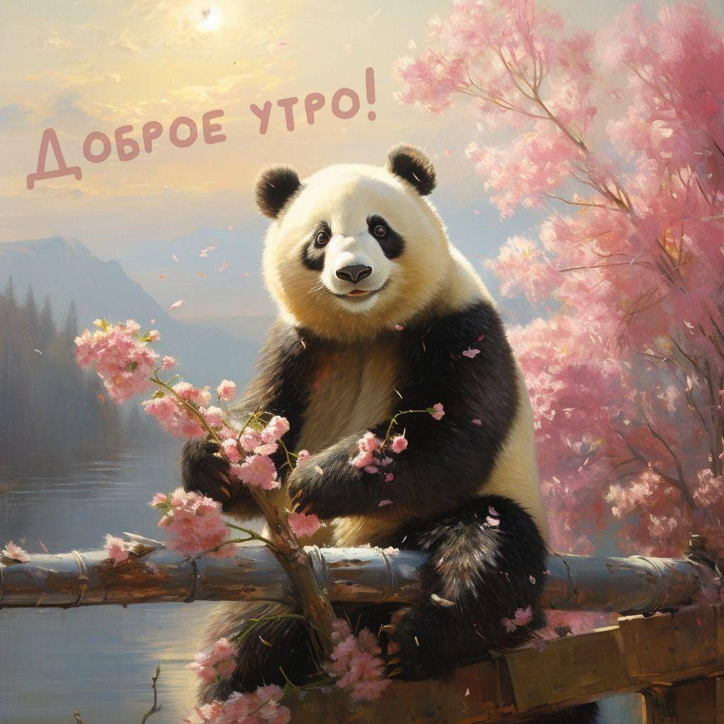 Панда среди розовых цветов на фоне воды