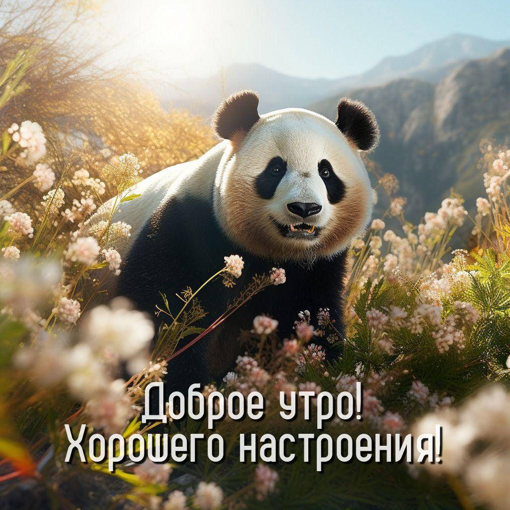 Панда среди цветов, горы на заднем плане