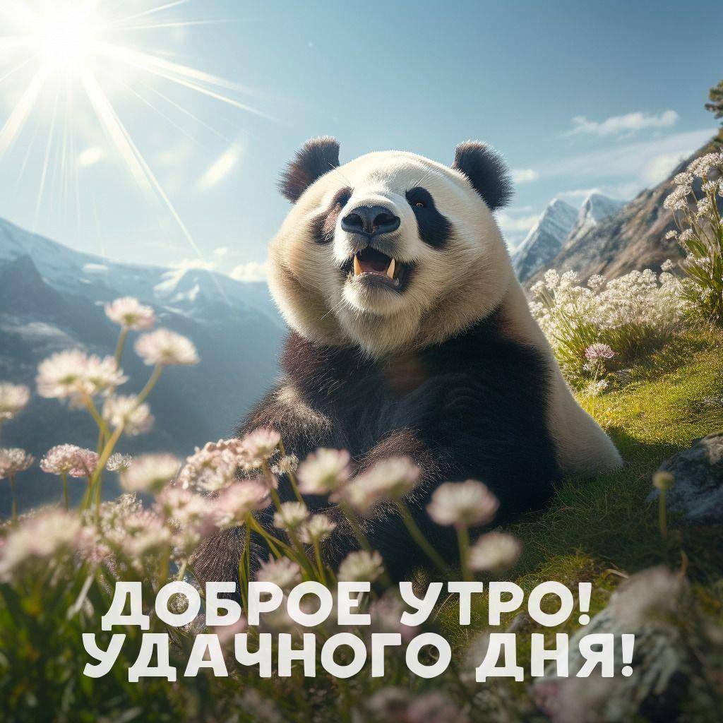 Панда среди цветов, горы вдалеке, солнечный свет