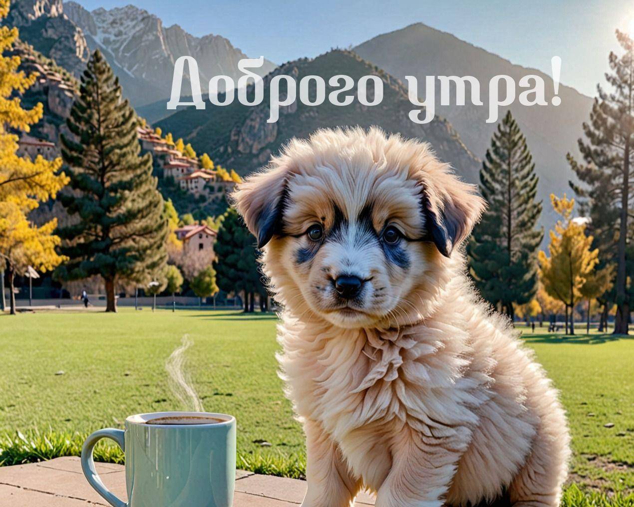 Парк с зеленой травой, осенними деревьями и горами