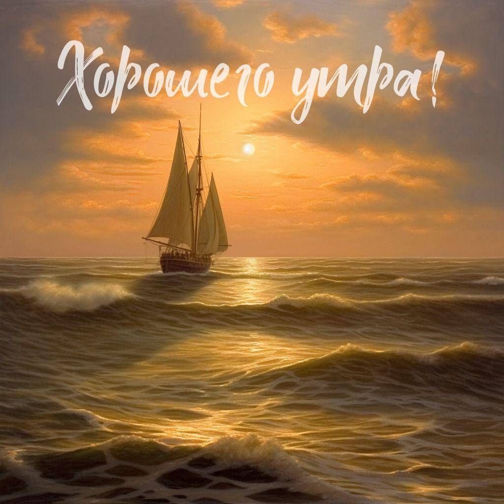 Парусник на рассвете, спокойное море, отражение солнца