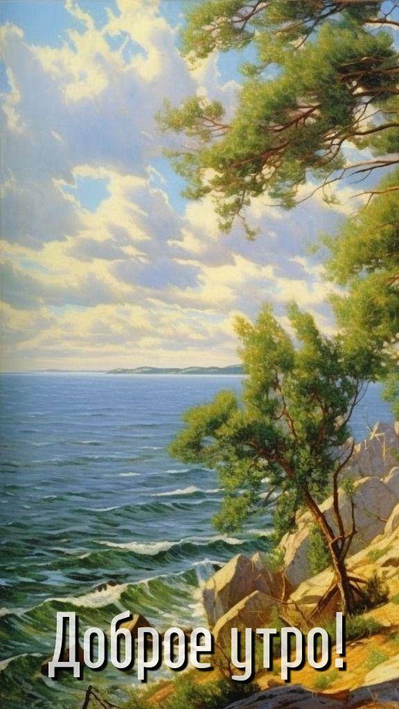 Пейзаж морского побережья с зелеными деревьями и скалами