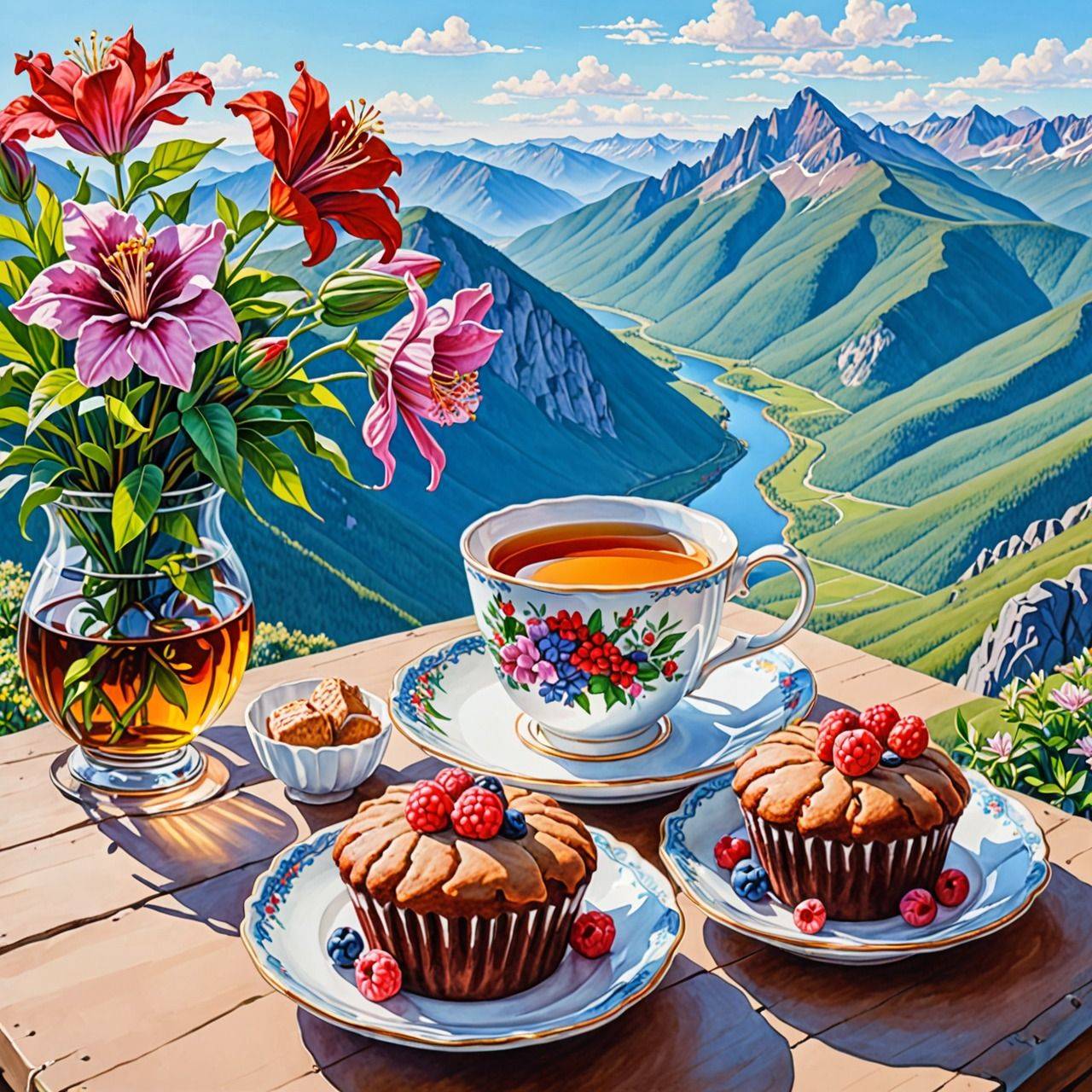 Пейзаж с чаем и цветами на столе перед горами