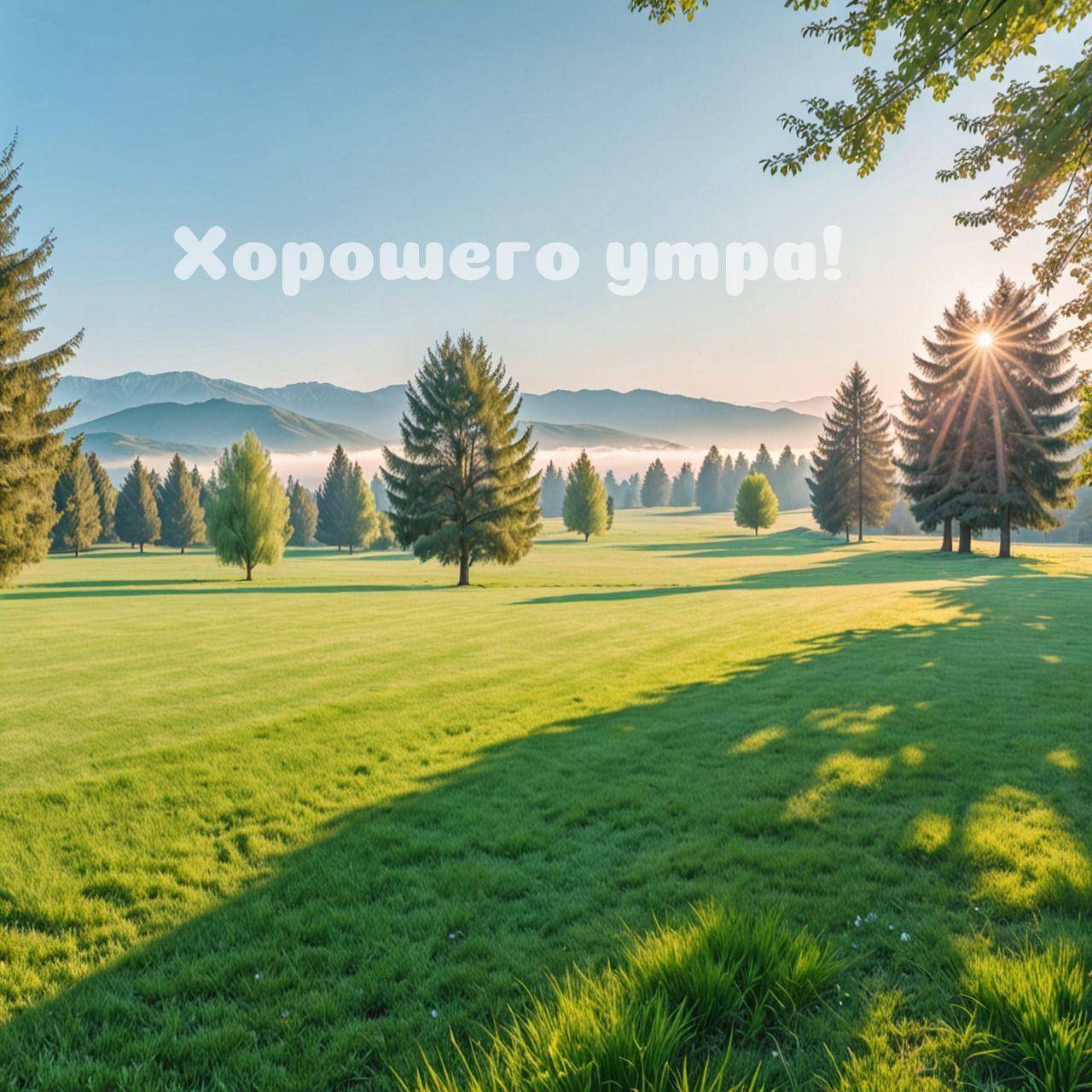Пейзаж с деревьями, лужайкой и горами вдалеке