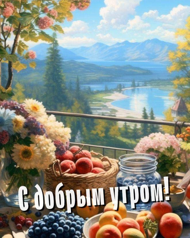 Пейзаж с фруктами на переднем плане и горами вдалеке