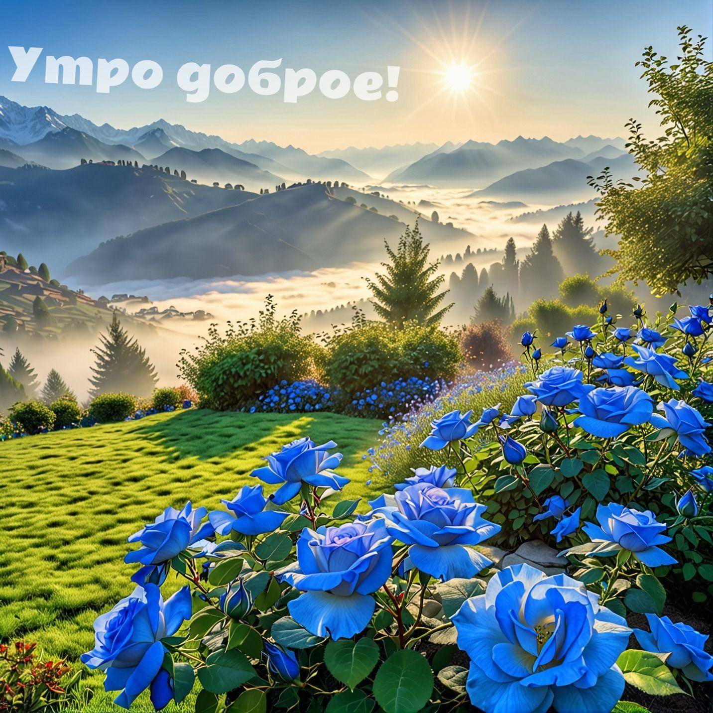 Пейзаж с голубыми цветами, туманным утром и горами