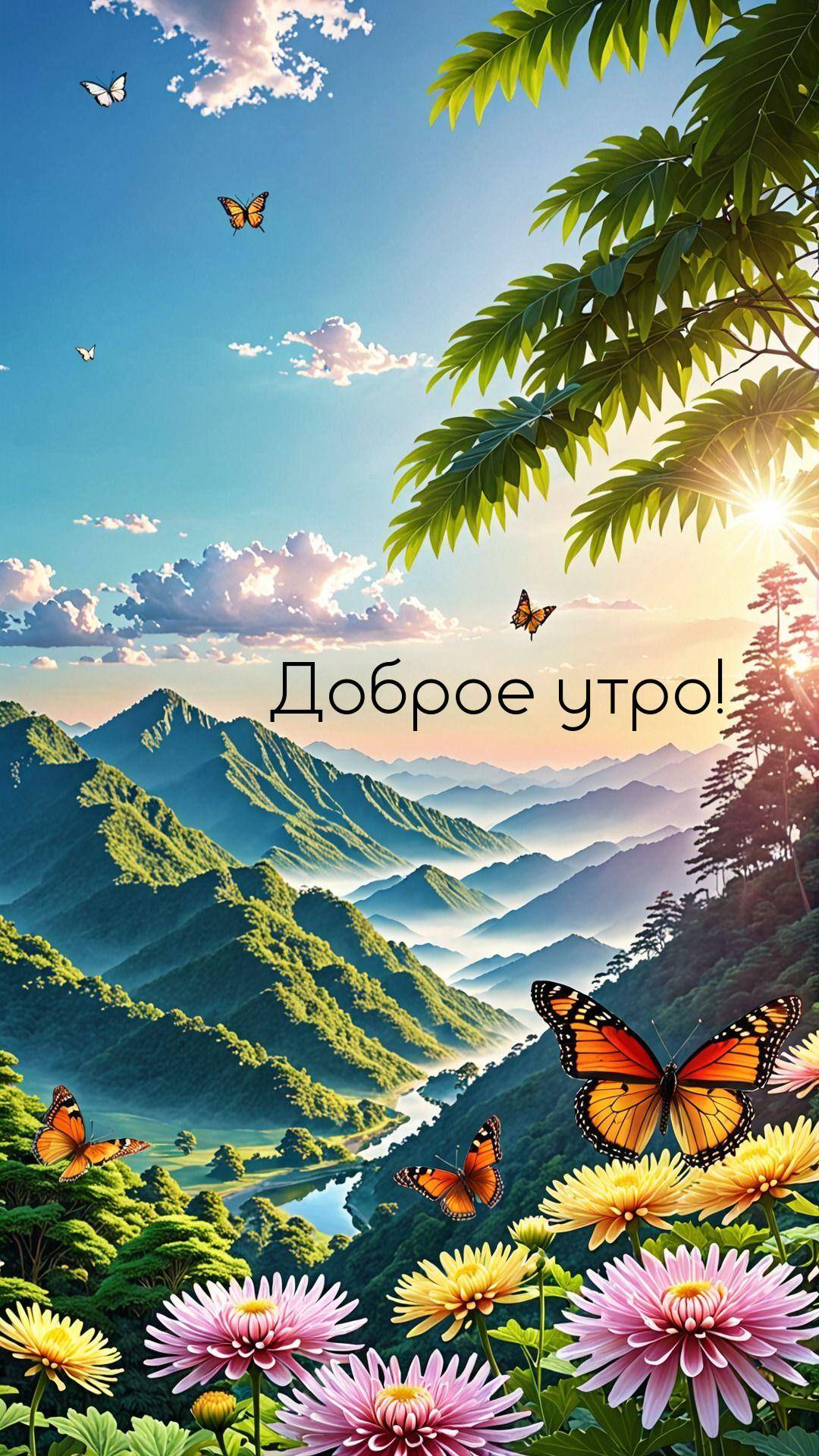 Пейзаж с горами, рекой и бабочками